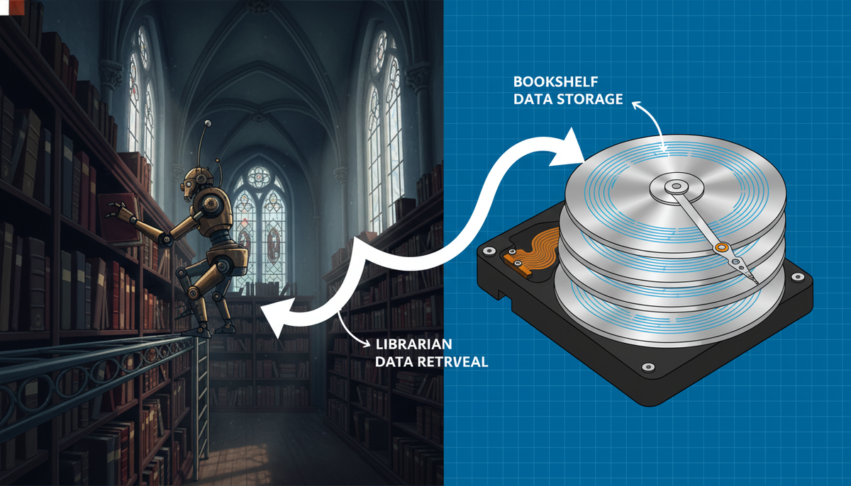 HDD: Механическая библиотека. Робот-головка вынужден физически перемещаться к нужному "стеллажу" (дорожке) и ждать, пока "книга" (нужный сектор) прокрутится до него. В этом — главная причина задержек.