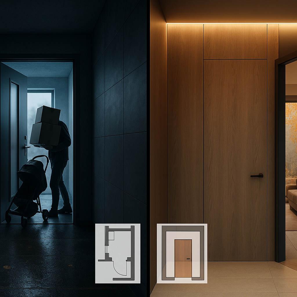    Холодный коридор, тёплая гостиная: как правильно разделить две двери в одной оси Autor