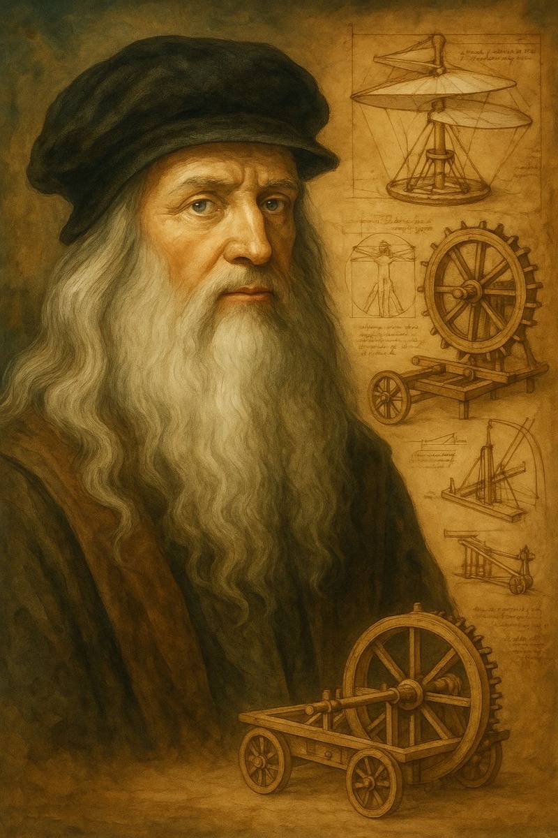 Леонардо да Винчи — ученый, художник, инженер эпохи Возрождения и его эскизы разработок.