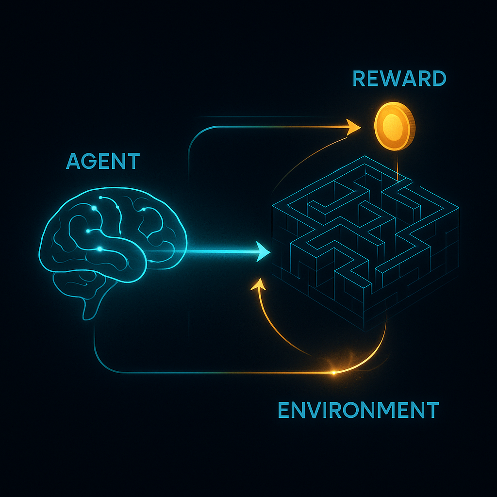 Великая тройка RL: Мозг (Агент) действует в Мире (Среда) и получает Оценку (Награда).