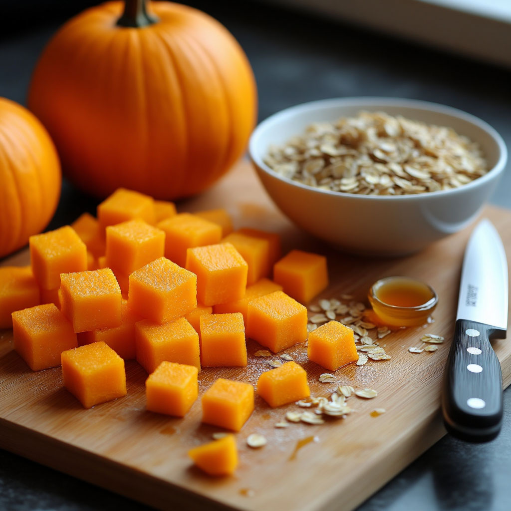  🥄 Нарежьте тыкву — мелким кубиком (не крупно — иначе не пропарится).  