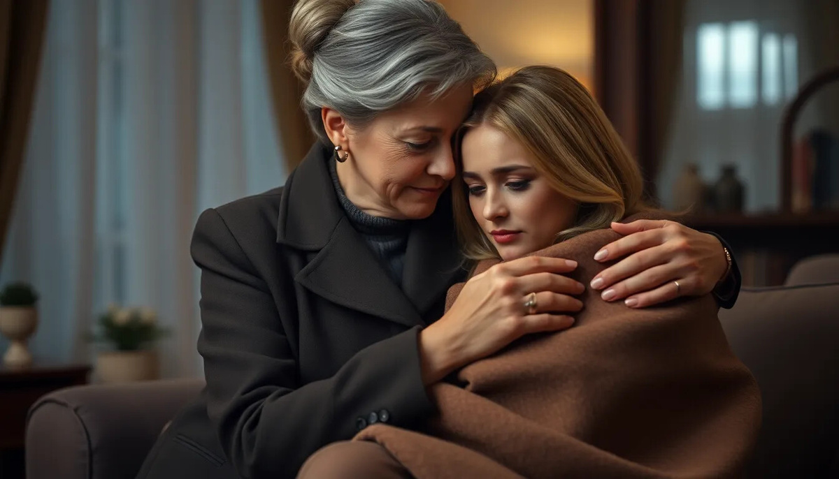 трогательный момент между матерью и дочерью. Амалия Константиновна - строгая, но любящая мать, обнимает свою дочь Агнию после того страшного испытания. Это момент примирения, понимания и безусловной материнской любви, когда слова становятся не нужны.