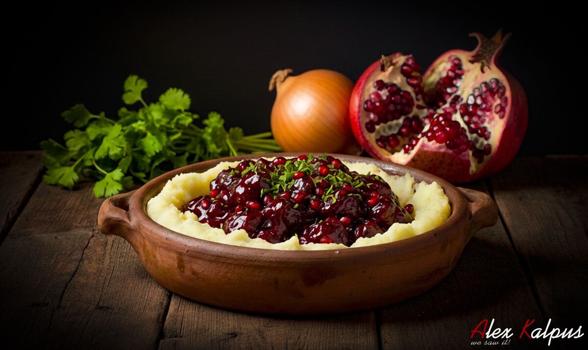 Тушеное мясо в гранатовом соке и вине и с пюре. Хотя блюдо самодостаточно, в сочетании с пюре или рисом - оно еще вкуснее!