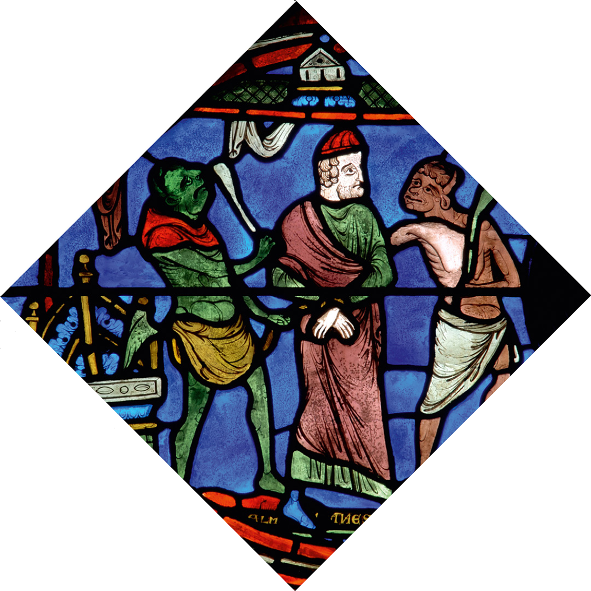 ЗЕЛЕНЫЙ, ЦВЕТ ДЕМОНОВ
В готических витражах зеленый символизирует не только дьявола, но и весь спектр адских существ: демонов, колдунов, драконов и их приспешников.
Витраж жизни святого Иакова Великого, ок. 1215 - 1220. Шартр, амбулатория собора Нотр-Дам.