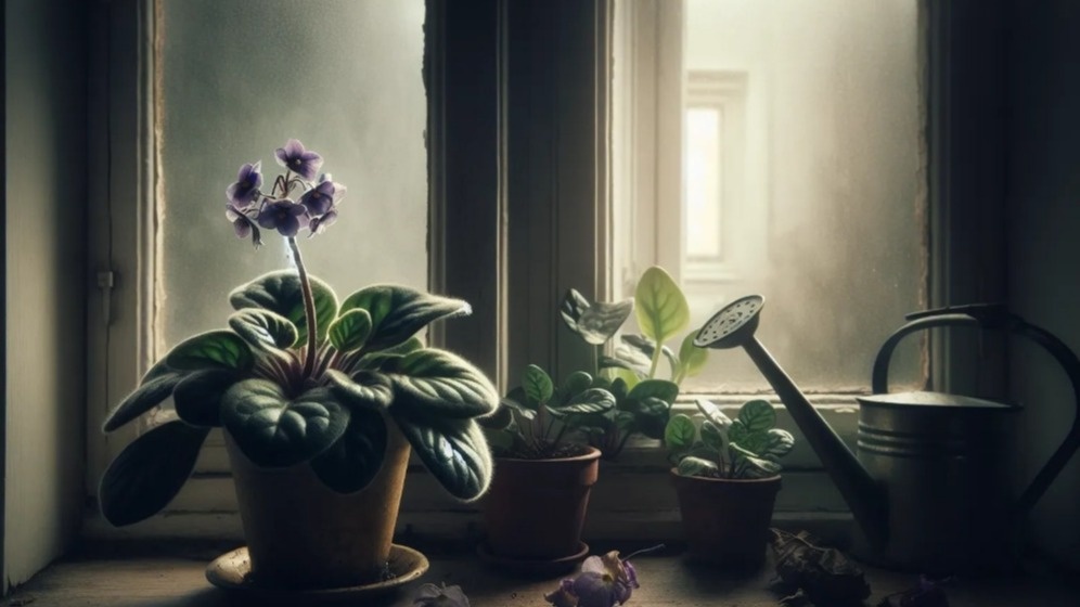 Увядающие фиалки в ноябре рядом