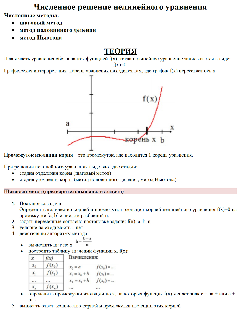 Теория Численные методы решения нелинейного уравнения Шаговый метод, метод половинного деления, метод Ньютона