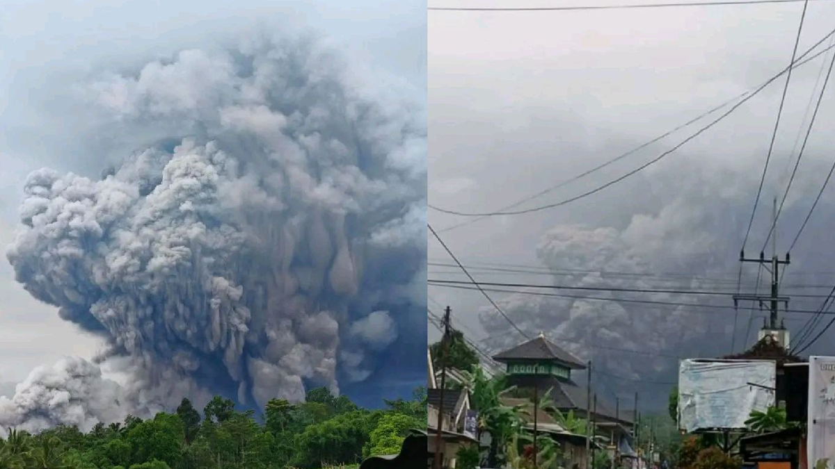 Вид на извержение Семеру из соседних поселений (Восточная Ява, Индонезия, 19 ноября)
