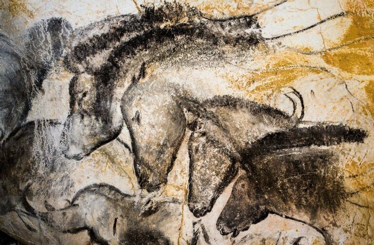Тарпаны и носорог. Роспись пещеры: ок. 39000 (36500) – 33500 и 31000 – 28000 лет назад. Пещера Шове, Франция