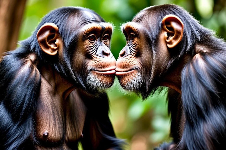    Современные шимпанзе целуются после драки — они так мирятся. Людмила Губаева/сгенерировано при помощи нейросети «Шедеврум»