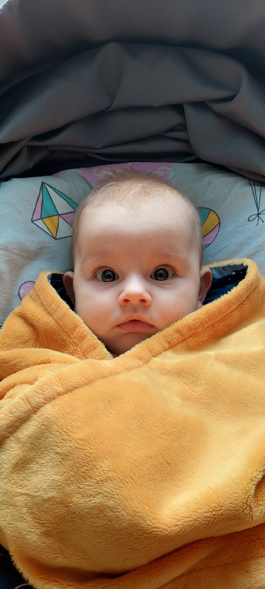 Папа завернул в плед и укатывает в коляске)))