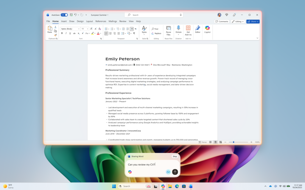Изображение: Microsoft. Отправка запроса умному помощнику "Копилоту" путём ввода текста при использовании функции "Зрение".