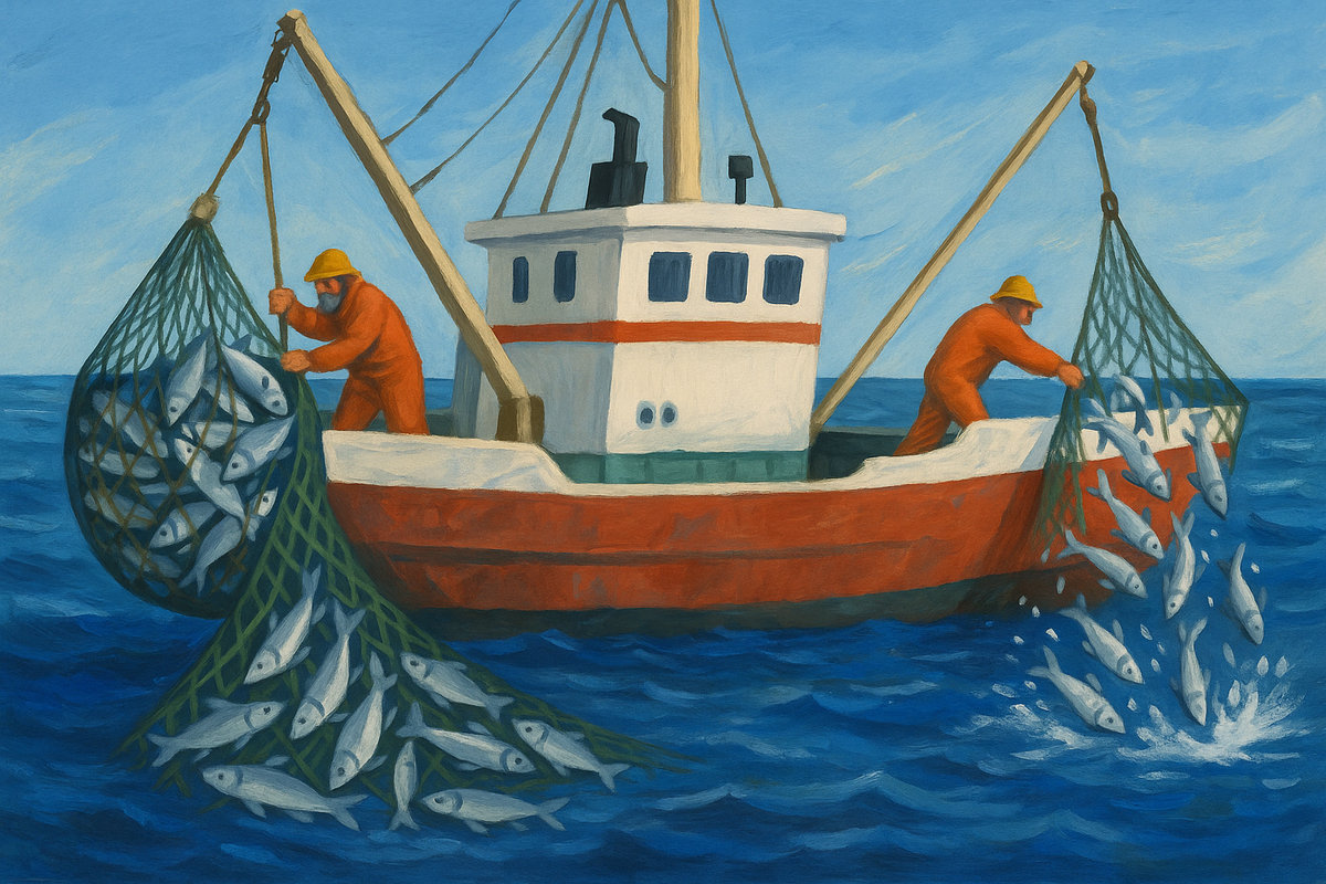 «Идеальный символ ИИ-рынка: выловили, выкинули, снова выловили. Круговорот рыбы и инвестиций.»