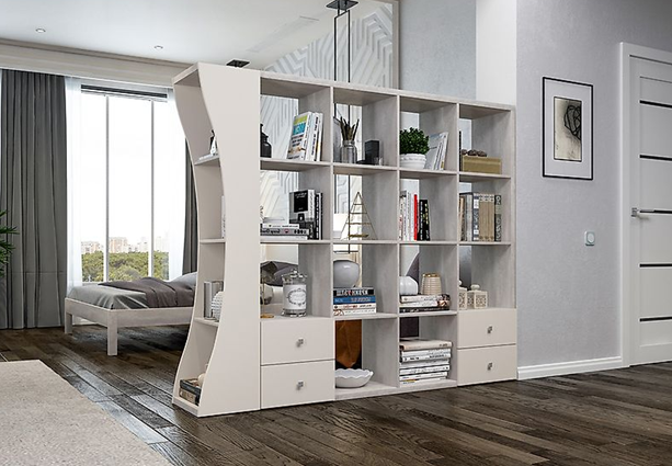 Открытый стеллаж в зонировании пространства — удачное решение для маленьких квартир