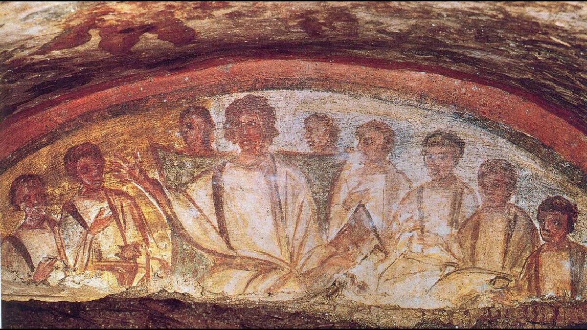 Фреска из римских катакомб Домитиллы. Написана в середине IV века. Иисус Христос в образе Учителя. Фото: ТГ "Митрополит Евгений"