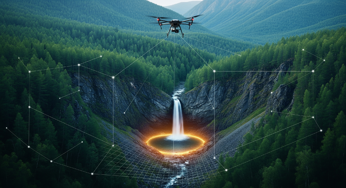 Суровый горный ландшафт Восточного Саяна с тайгой и узким ущельем, где водопад падает в каменный котёл — “Ледяную чашу” с мягким золотистым свечением в воде; над ущельем летит геологический дрон, от которого вниз расходятся тонкие лазерные линии LiDAR-сканирования, подчёркивая сочетание таёжной легенды и современных технологий поиска золота.