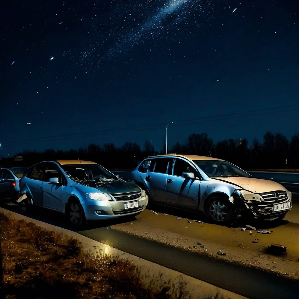 Два легковых автомобиля стоят у края дороги в сумерках