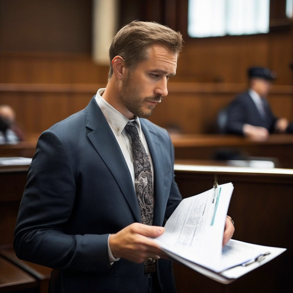 Водитель в зале суда с папкой документов в руках на лице — усталость и недоумение.