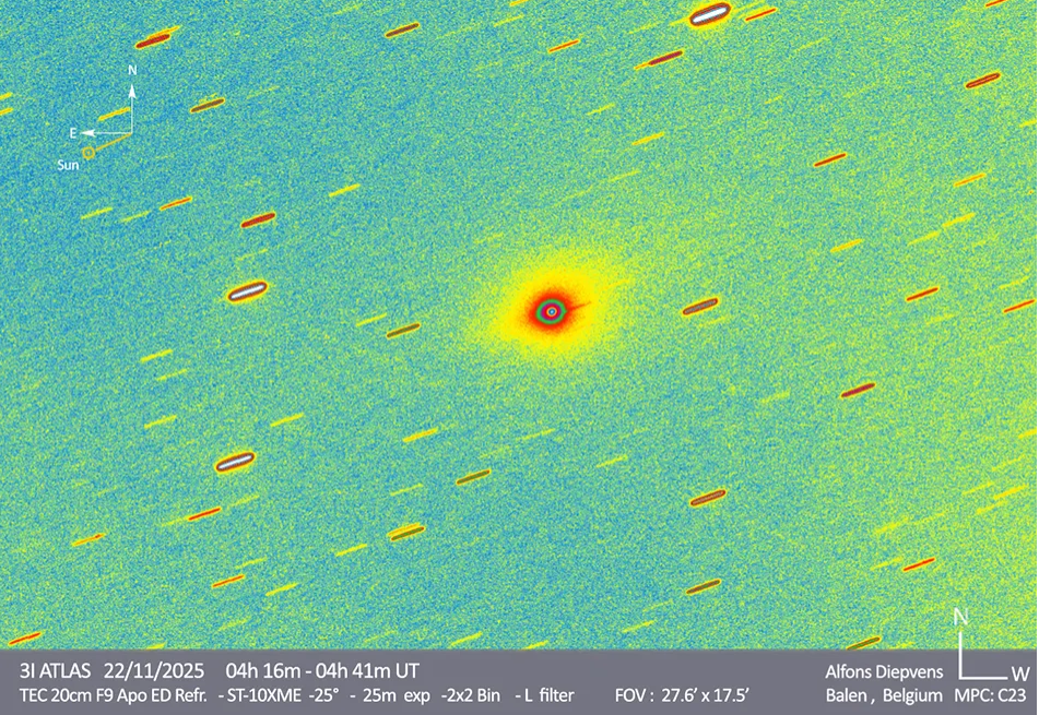 Фотография 3I/ATLAS в ложных цветах, сделанная 22 ноября 2025 года. Направление к Солнцу - в нижний левый угол. (Источник: Альфонс Дипвенс, Бельгия)