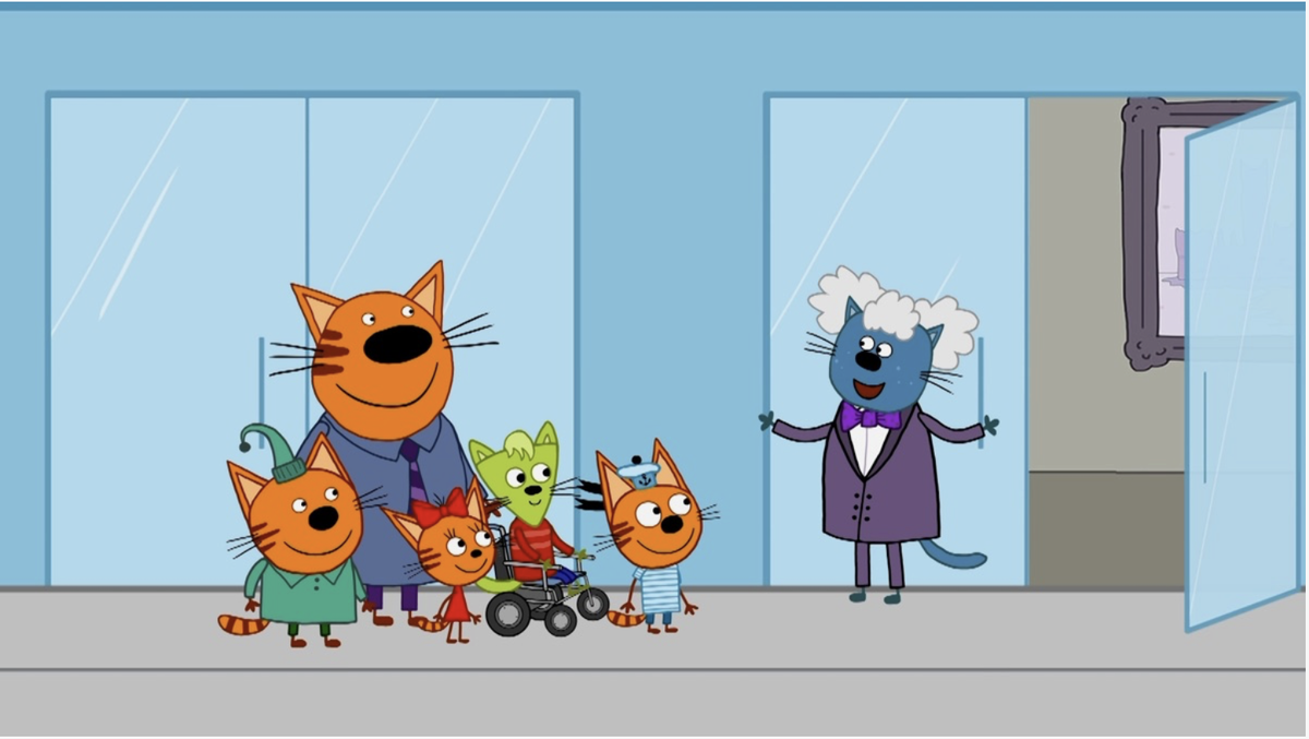 Кадр из мультсериала "Три кота". Три кота с папой пришли в музей и встертили мальчика на инвалидной коляске.