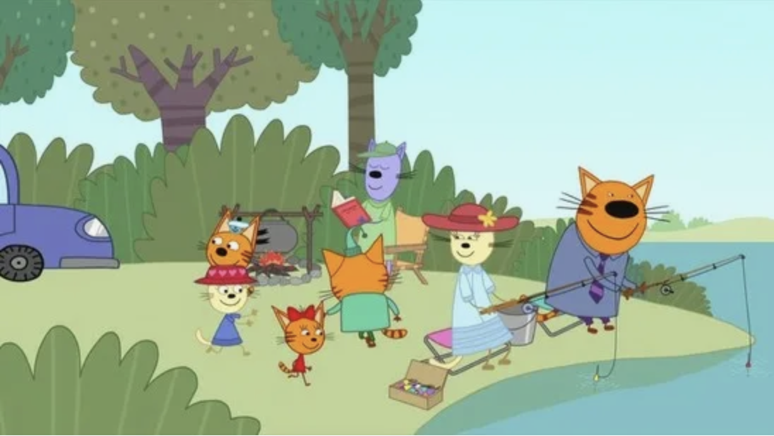 Кадр из мультсериала "Три кота". Три кота с родителями встретились с глухонемой девочкой-котенком.