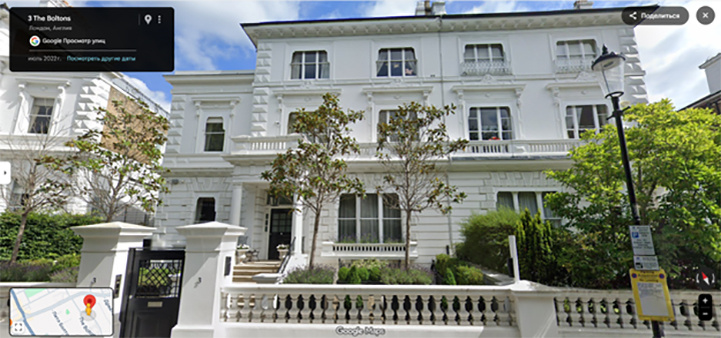    Тот самый особняк по улице The Boltons в 15 минутах ходьбы от Букингемского дворца. Скромное жильё скромного сенатора! Скриншот страницы сайта google.ru/maps