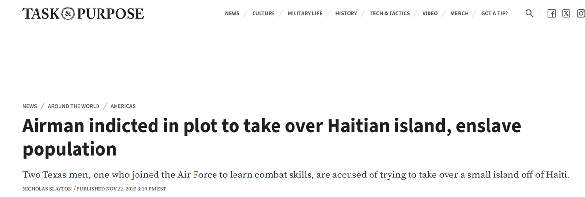 Военнослужащий ВВС США обвиняется в заговоре с целью захвата острова Гаити и порабощения населения
Двое техасцев, один из которых поступил на службу в ВВС для обучения боевым навыкам, обвиняются в попытке захватить небольшой остров у побережья Гаити