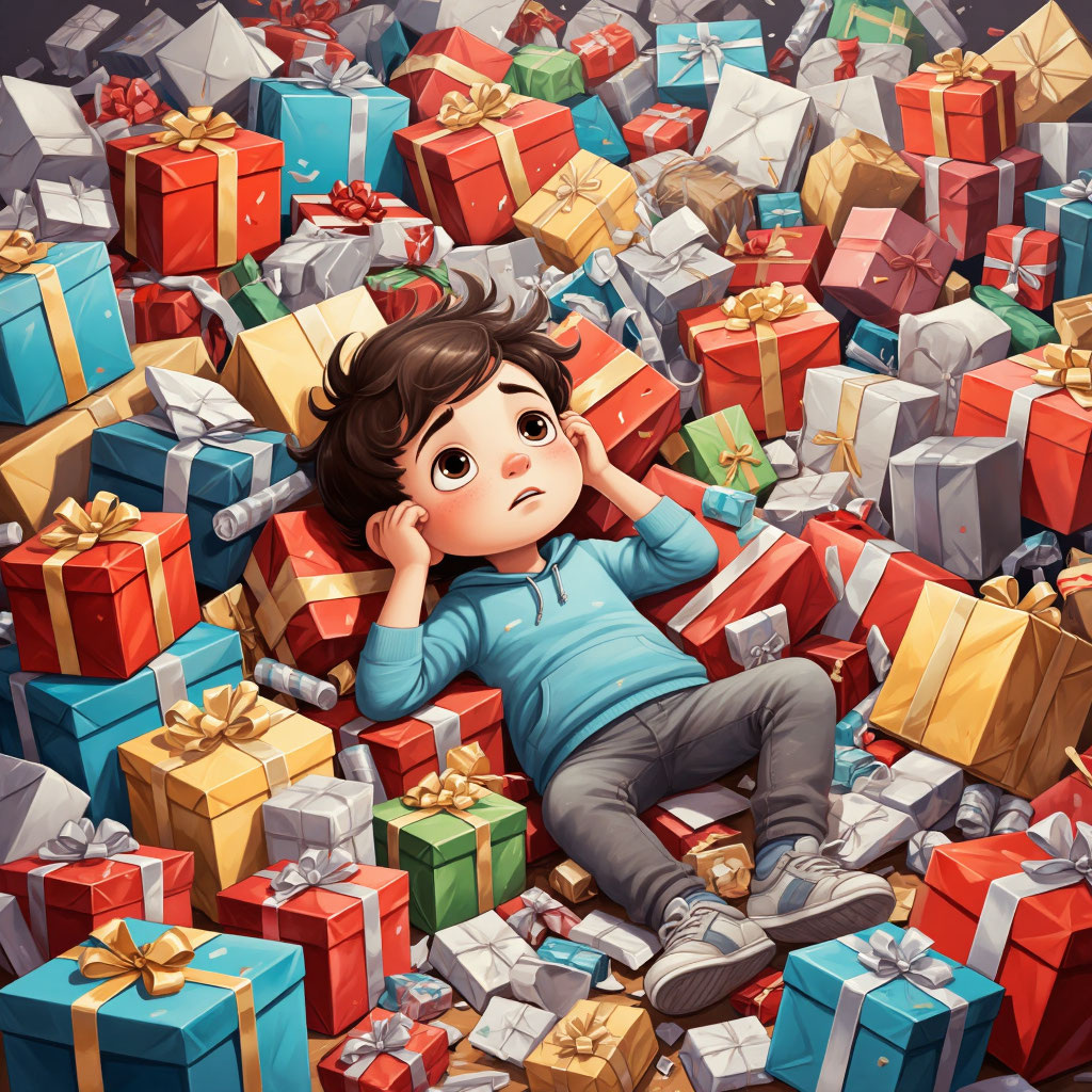 Иллюстрация сделана с помощь нейросети. Ребёнок, уставший от изобилия подарков.
