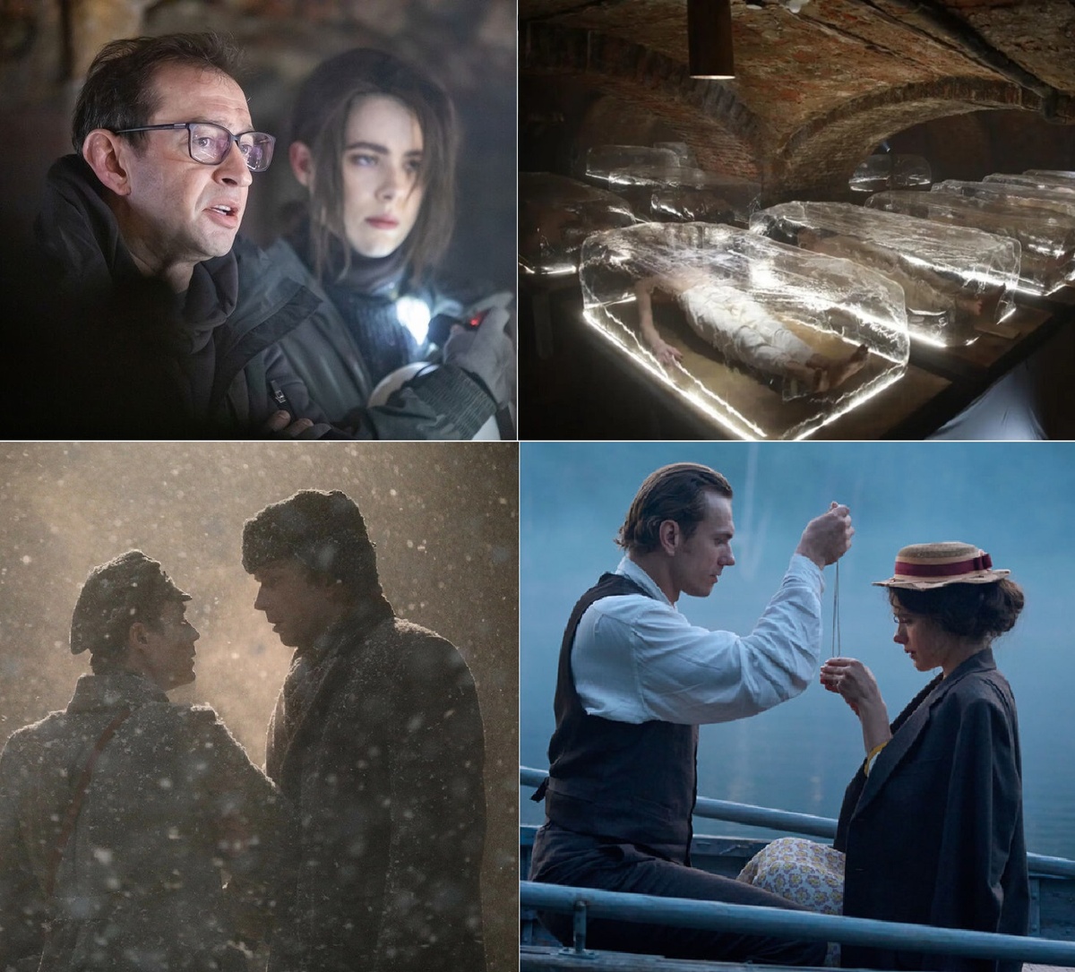 Скрины их фильма "Авиатор" 2025. На первом, - Константин Гейгер (Константин Хабенский) со своей ассистенткой и по совместительству - "гражданской женой" Анастасией (Дарья Кукарских). На втором, - замороженные люди в подвале Соловков. На третьем, - сам "Авиатор" - Иннокентий Платонов" (Александр Горбатов) с двоюродным братом (по сценарию), который его потом и приговорил к заморозке. На четвертом, - "Авиатор" - Иннокентий Платонов" со своей невестой, похожей на ассистентку доктора Гейгера (Константина Хабенского), - Анастасия (Дарья Кукарских).