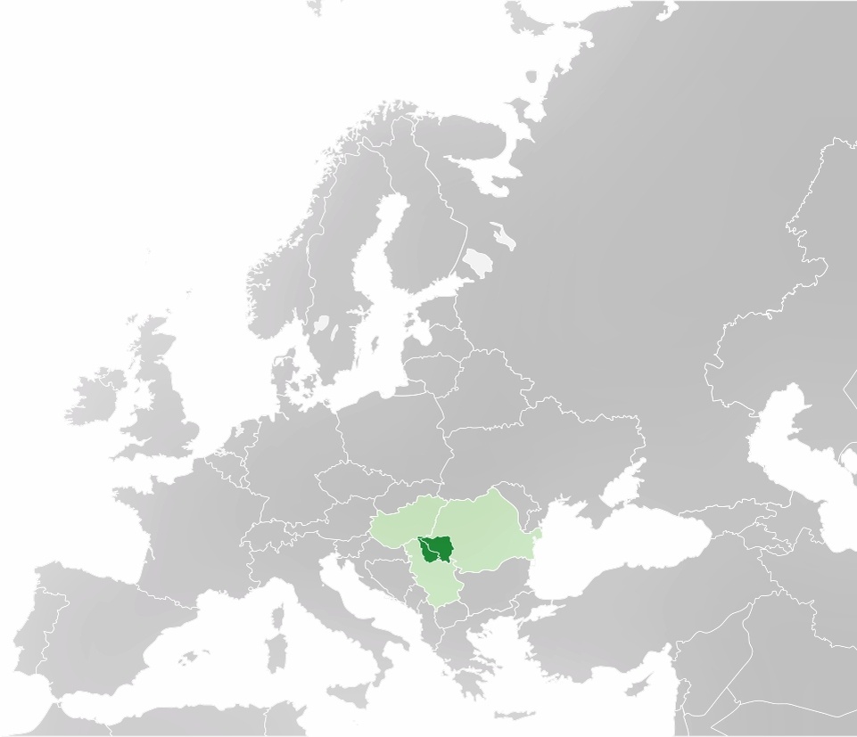 Банат (выделен темно-зеленым цветом) на карте современной Европы. Светло-зеленым выделены Венгрия, Румыния и Сербия, поделившие территорию этой области
