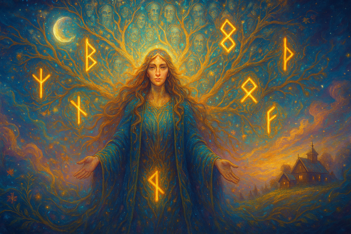 Великая Матерь Рода у светящегося Мирового Древа с рунами Наутиз, Гебо, Соуло, Беркана, Ансуз, Альгиз и Феху. Сильный родовой расклад рун, послание Предков о вашем Пути и защите Рода.