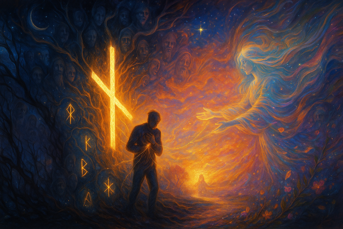 Фигура на границе тьмы и света, гигантская руна Наутиз, предки в тенях и лучи от Матери Рода, зовущей в рассвет. Визуализация родового кризиса и освобождения от старых сценариев.