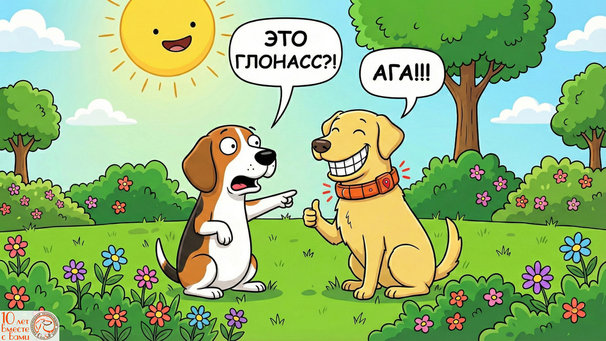 Две собаки обсуждают GPS-ошейник: жёлтая собака в оранжевом трекере радостно показывает, как найтись в лесу, а её подруга удивлена техническим решением. Забавная иллюстрация о том, как электроника помогает владельцам не потерять питомца | Иллюстрация: DogSelf