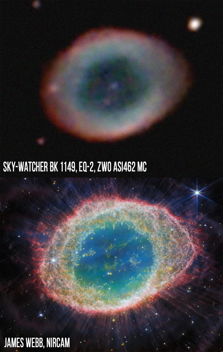 Вверху: наш снимок на Sky-Watcher BK 1149. Внизу: снимок космического телескопа «Джеймс Уэбб».