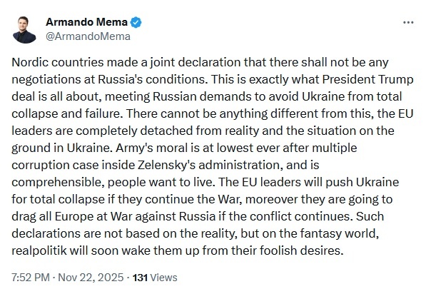    Фото: скриншот страницы Армандо Мема в X/Twitter