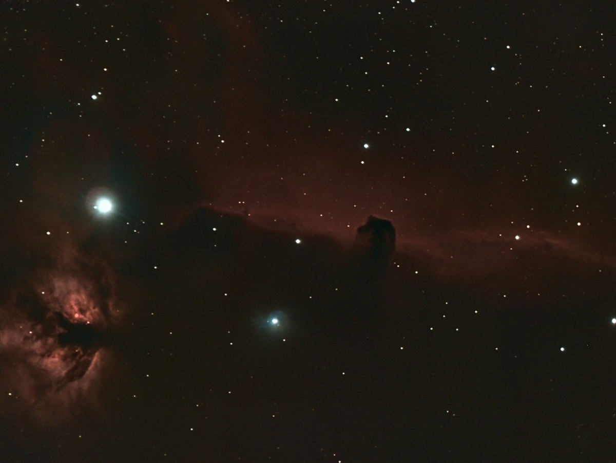 Туманности Конская голова (IC 434) и Пламя (NGC 2024). Оборудование: ZWO Seestar S50, ~2 часа суммарной экспозиции (кадры по 20с в режиме мозаики). Обработка: siril, graXpert, Lightroom. Снимал за городом, довольно сильно мешала полная луна.