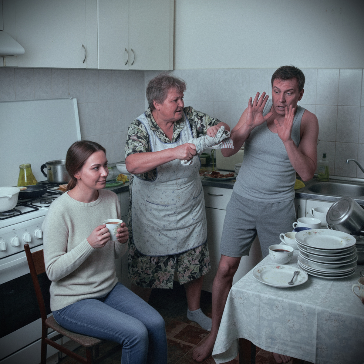 Свекровь приехала спасать «голодного» сына от плохой жены. Увидев гору мусора и грязные носки сына, она отхлестала его полотенцем