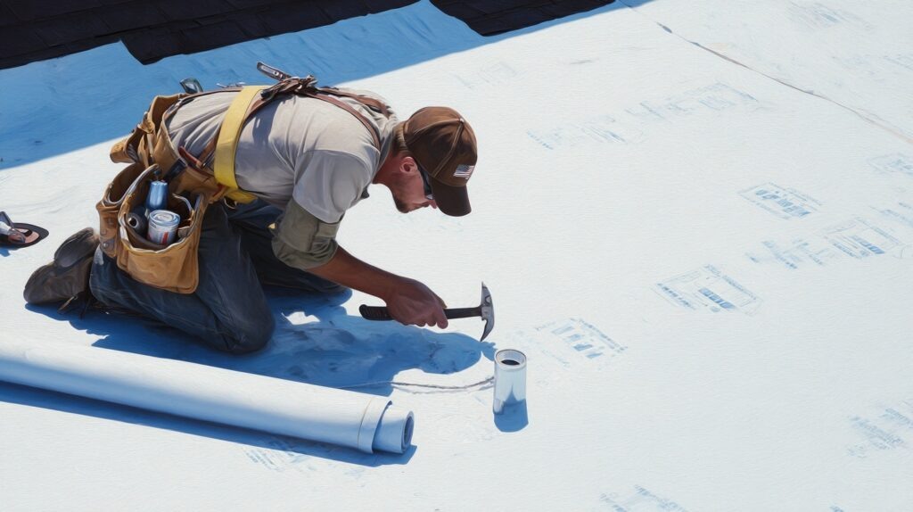    Кровельщик на крыше проверяет качество укладки кровельного материала. Rafael