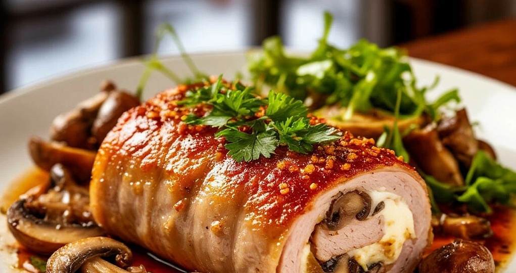 Рулет из свиной шеи с грибами и сыром