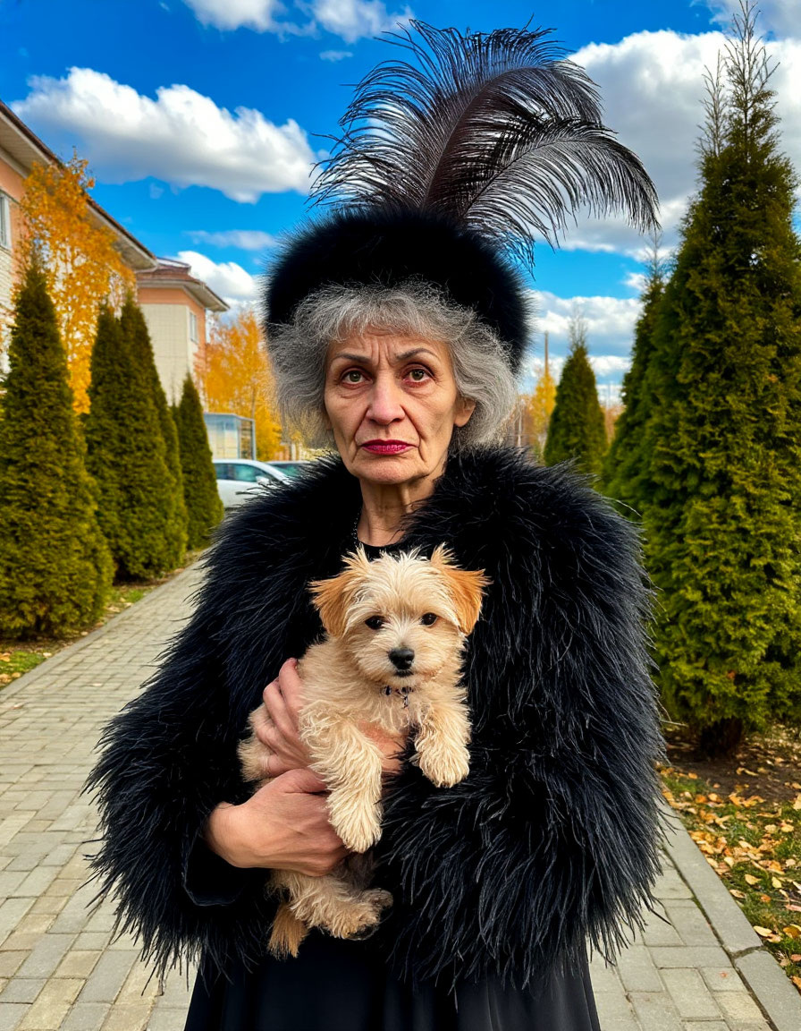 Страннаая женщинаа с собаачкой. Картинкаа создаана ИИ.