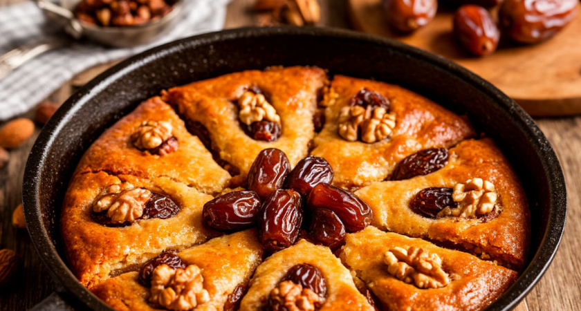    Обалденный пирог на сковороде с финиками и орехами – на вкус как торт, а готовится за 40 минут без духовки