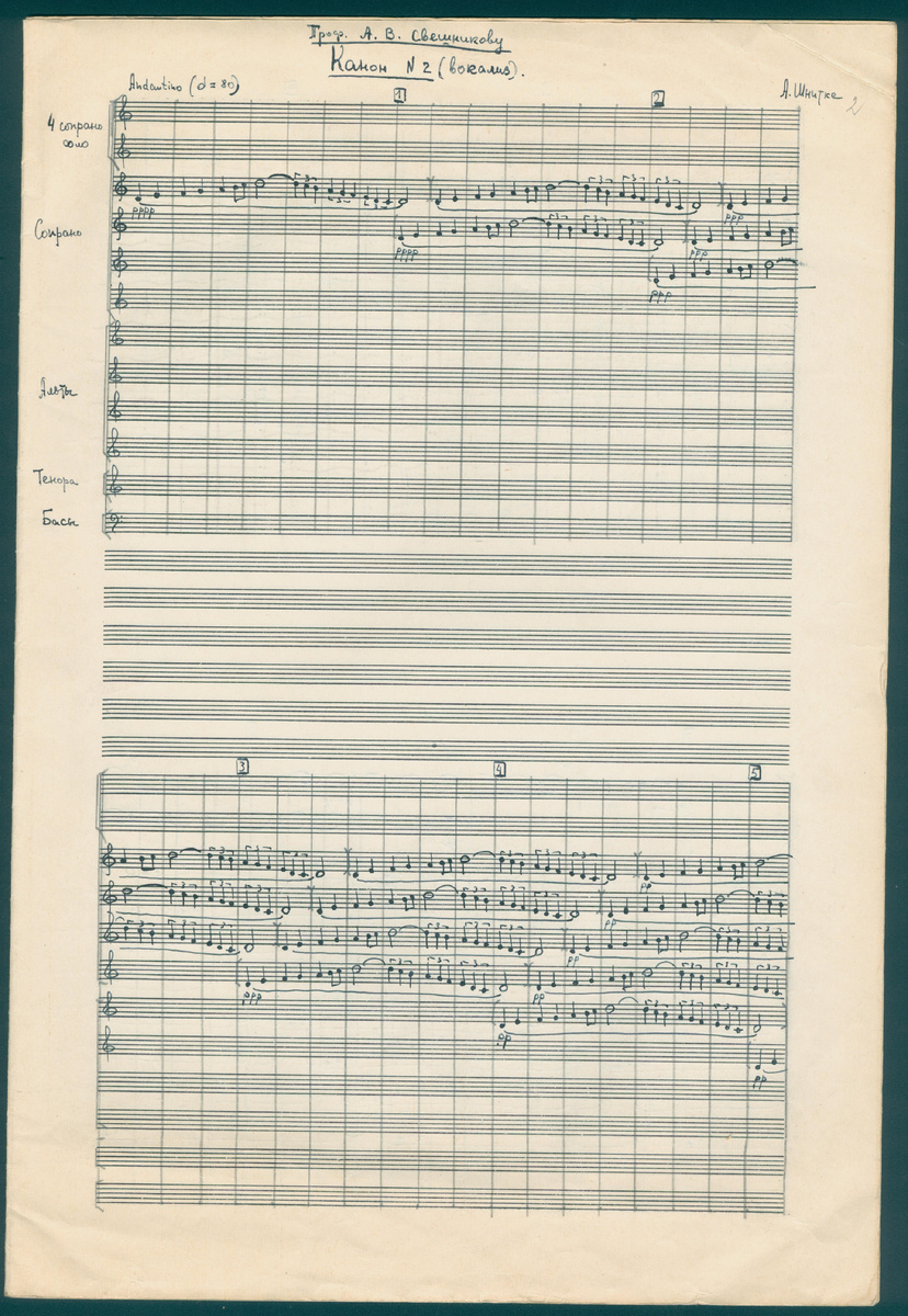 А.Г. Шнитке. Канон № 1 (колокола), Канон № 2 (вокализ) для муж. хора a cappella. Посвященных хоровому дирижеру А.В. Свешникову. Автограф. Из фондов Российского национального музея музыки.