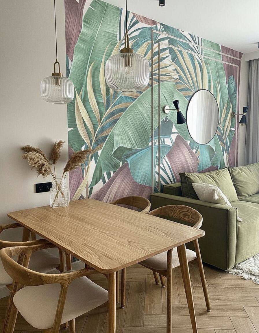 Пример оформления гостевой зоны на кухне. Отделка стены - флизелиновые фотообои VEROL. Артикул на WB: 246654823.