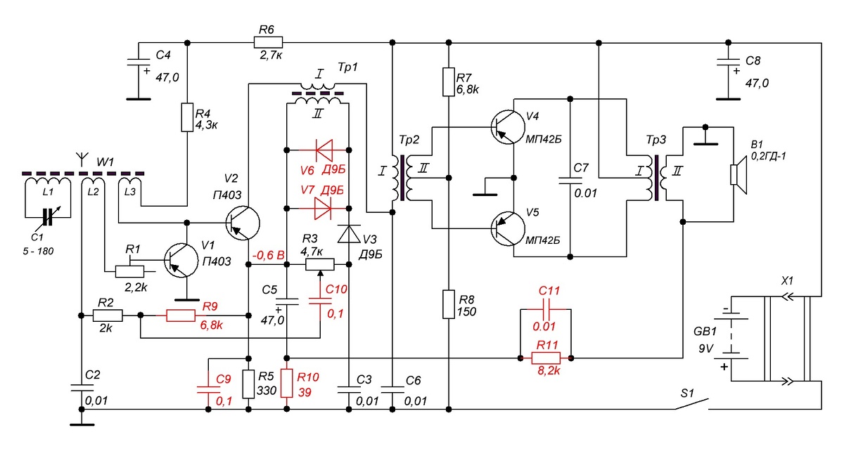 Схема приемника "Юность - КП101 с внесенными изменениями.