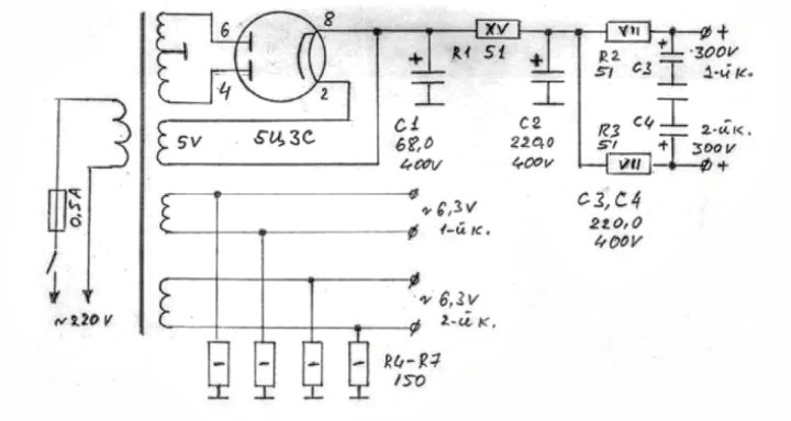 Здесь мы видим схему блока питания, собранную на этом кенатроне. В его основу входит трансформатор питания серии "ТП". Сигнал, а именно синус из розетки с начала поступает на первичную обмотку, далее синус выпрямляется самим кенатроном. 