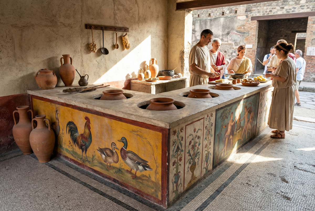 Типичный римский фуд-корт. В эти отверстия вставлялись «долии» — горшки с горячей едой.