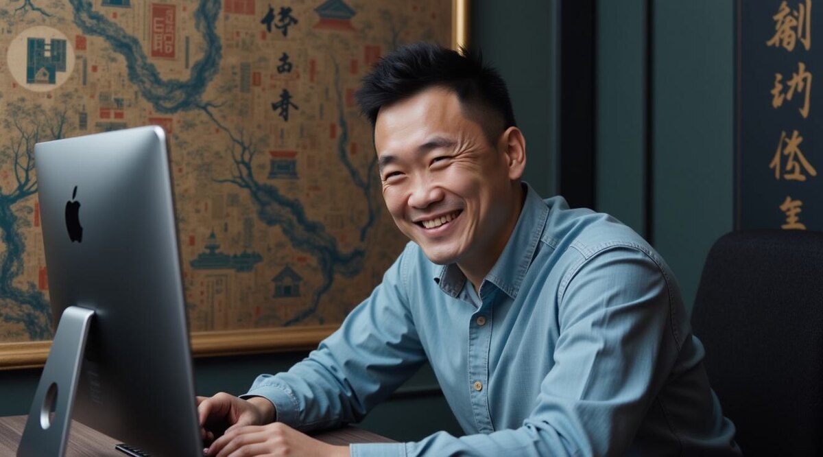 Изображение китайца набирающего текст на компьютере