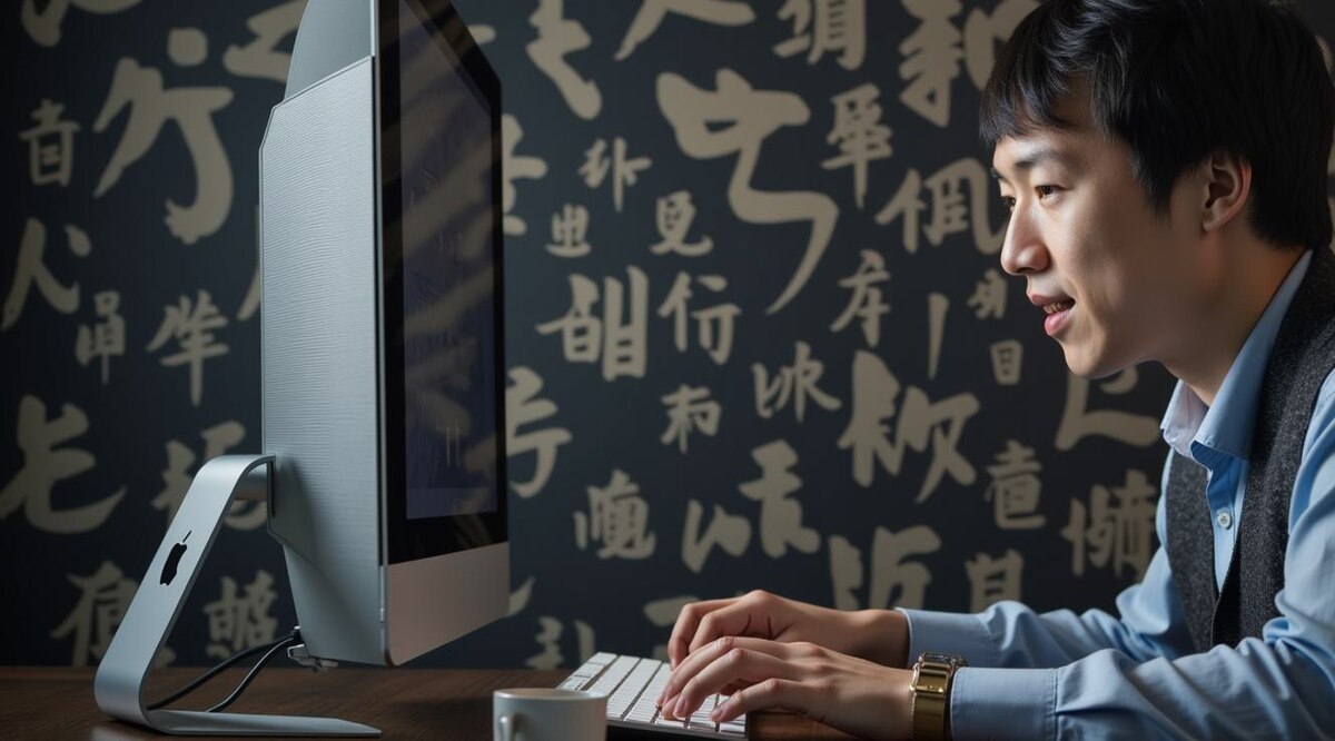 Изображение китайца набирающего текст на компьютере