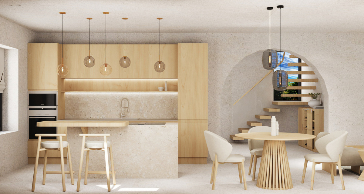 В пространстве этой кухни-гостиной для каждого члена семьи найдется уютное место. Пастельные оттенки придают обеденной зоне солнечное летнее настроение. Проект дома в КП «Морозовские усадьбы» для молодой семьи с маленькой дочкой﻿, дизайнер Татьяна Крылова