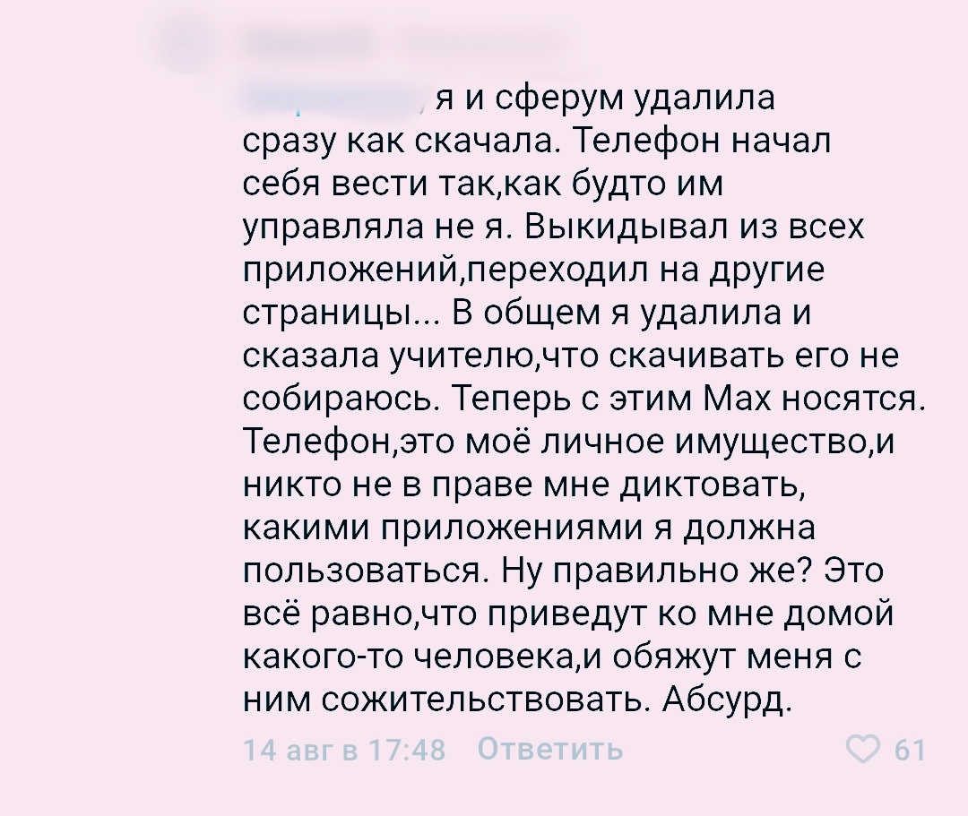 Комментарий школьника об установке мессенджера MAX