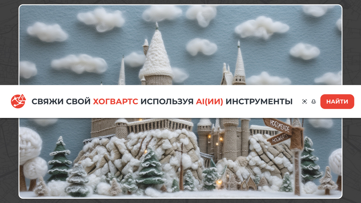 Вязаный Хогвартс с заснеженными башнями и елками - пример создания города нейросетями